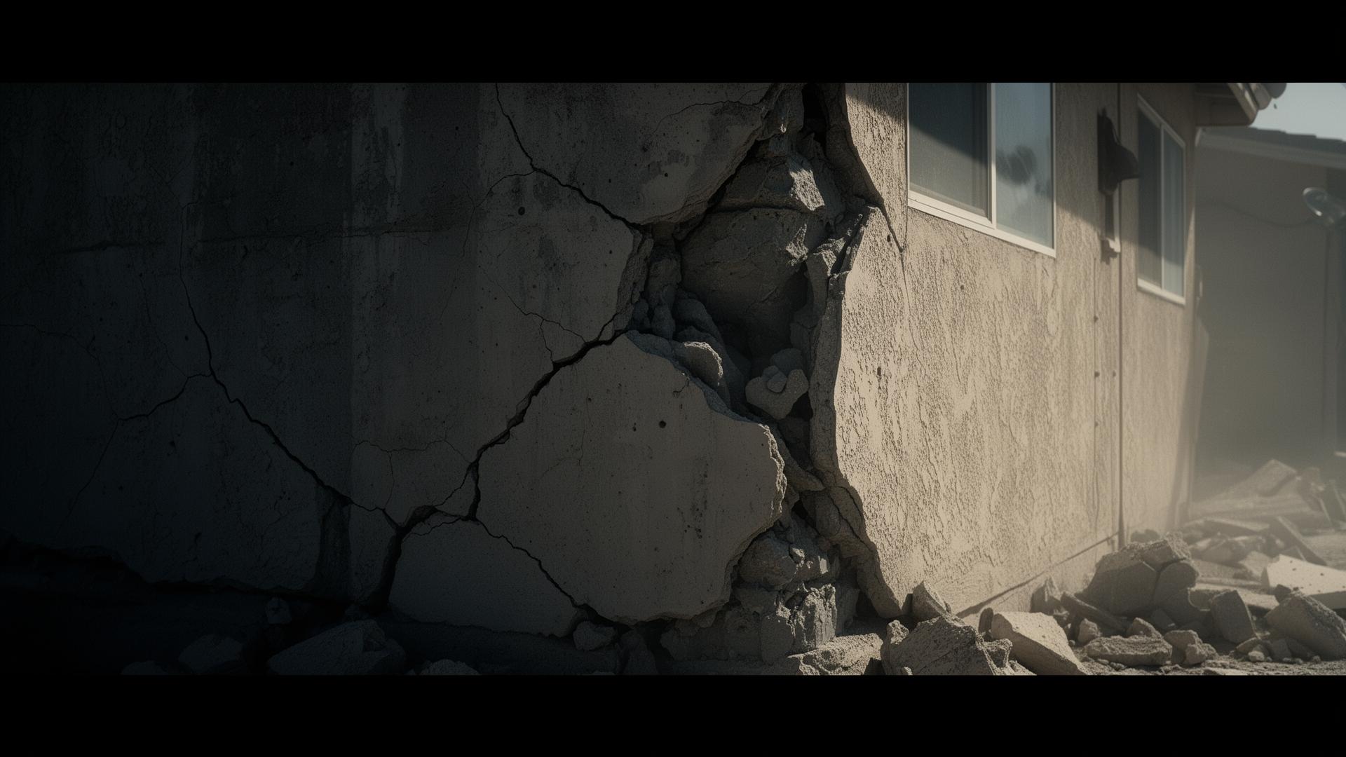 Cracked concrete and stucco on a Southern California building after an earthquake