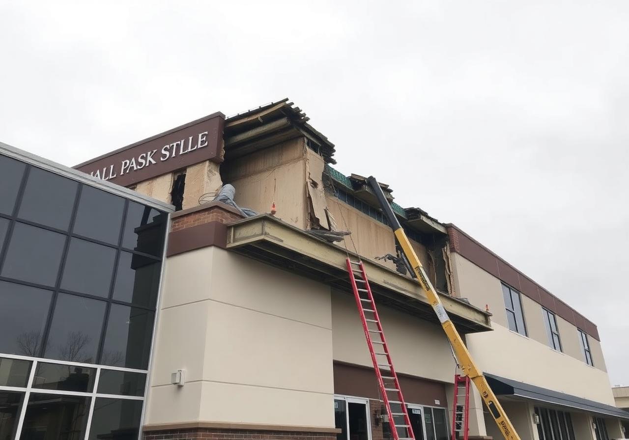 Commercial building with emergency stabilization shoring after structural damage